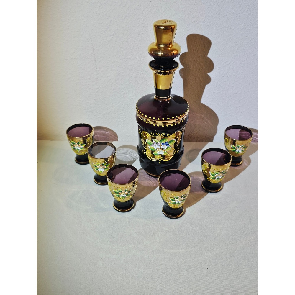 Vintage Amethyst Purple‎ Glass Decanter Set Gold Gilt Hand Painted Floral Japan